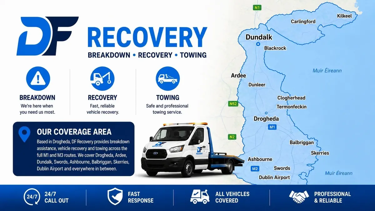 DF Recovery coverage map: breakdown, recovery and towing across Drogheda, Ardee, Dundalk, Swords, Ashbourne, Balbriggan, Skerries and Dublin Airport